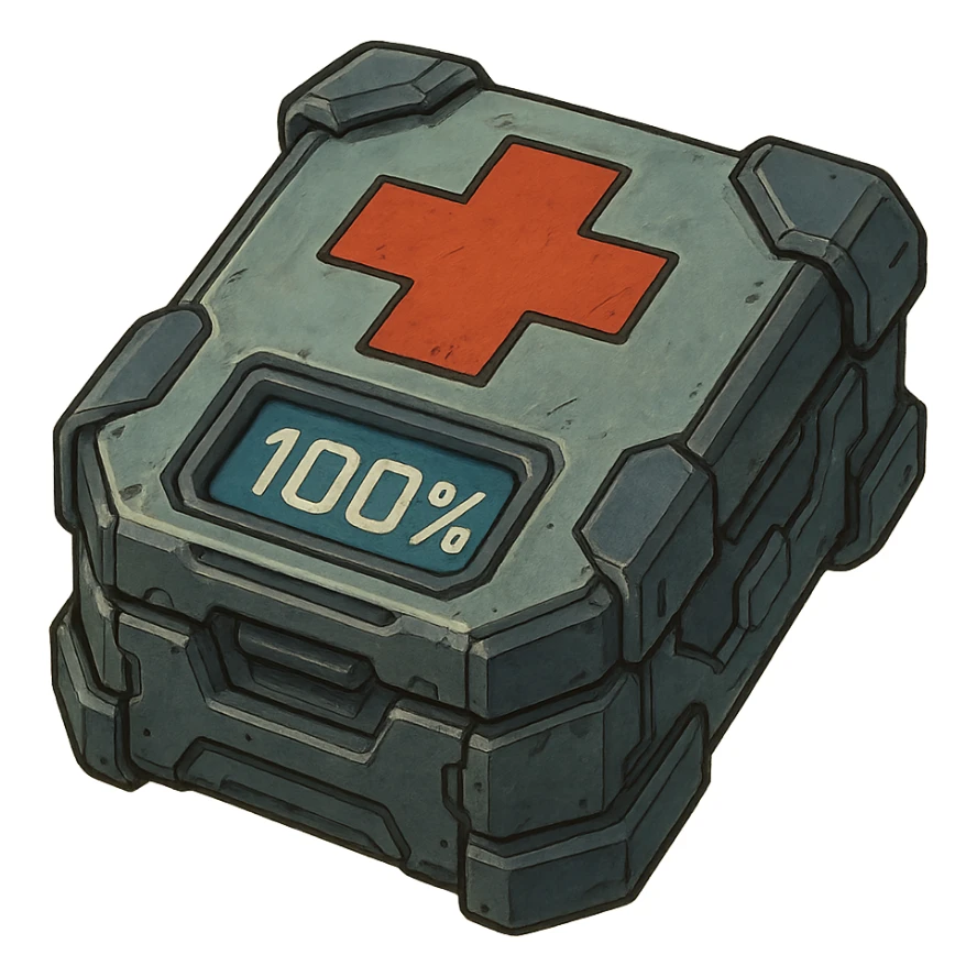 the image is the icon for a videogame pick up item, it is a medkit, medic kit, %100, fututistic cyberpunk, "HALO:  Reach" sticker