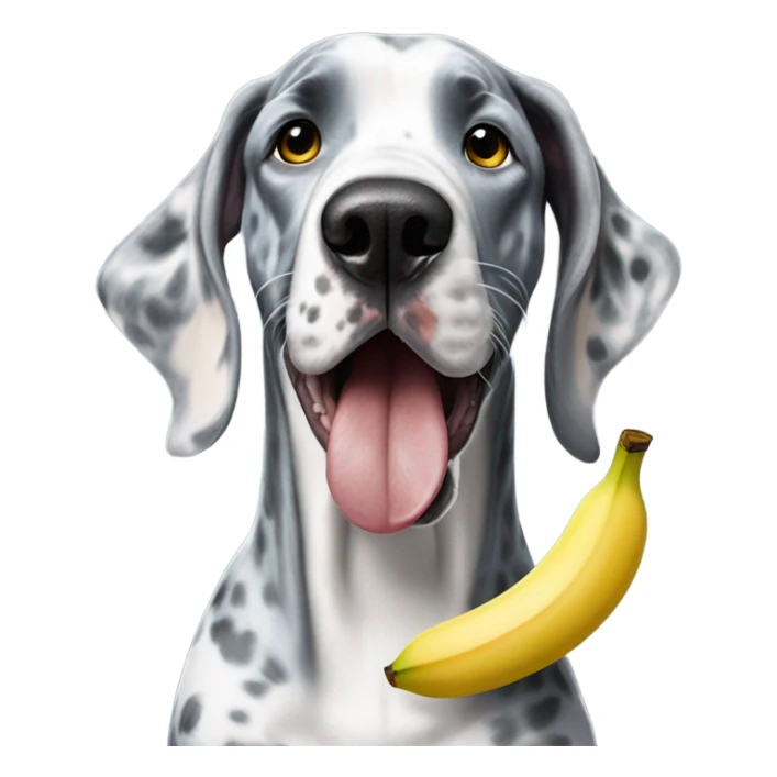Blue Merle Great Dane eating a banana sticker