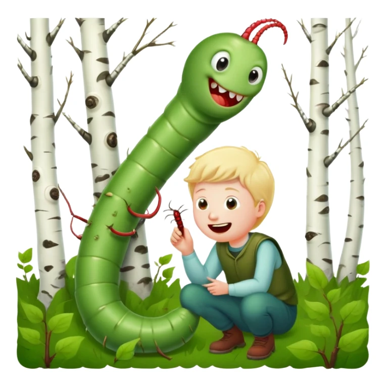 A laughing worm sits in an empty clearing and examines a clearing with lice. Lice like this picture.  No one dares to approach him. Finally, one boy dares. The worm notices him and says, "Who are you?  ""Volodya Korablev."  The worm turns its back on him and continues to contemplate the field of lice.  Volodya Korablev feels uneasy.  Then he sees a nail on a birch tree and grabs it.   The engine, he thinks.  And he hits the worm with a nail with all his might. The worm bursts, its green pimply back turns red, and everything around it turns red. The lice flee in terror. sticker