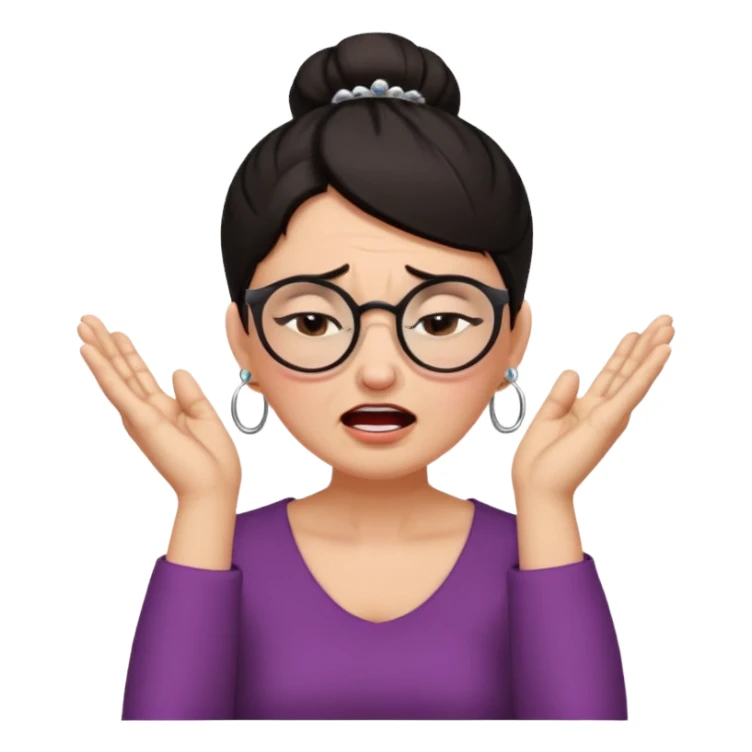  middle aged woman with dark hair pulled up in a high bun, wearing round ring earrings and glasses with a very painful expression on her face, eyes squeeed shut, wincing in pain,covering her ears with her hands, trying to not hear a terrible singer who is too loud and out of tune.  sticker