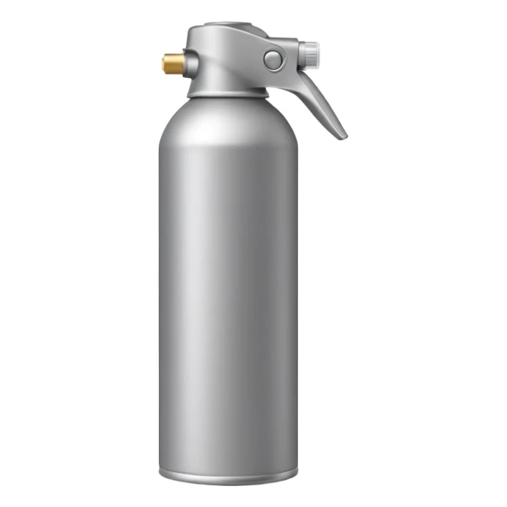 slim aerosol can with smooth metallic or matte finish, capped with rounded nozzle, subtle shine, neutral coloring grey beige or dark blue, utility without branding, closed spray bottle, soft lighting, subtle shadows, emoji scale sticker