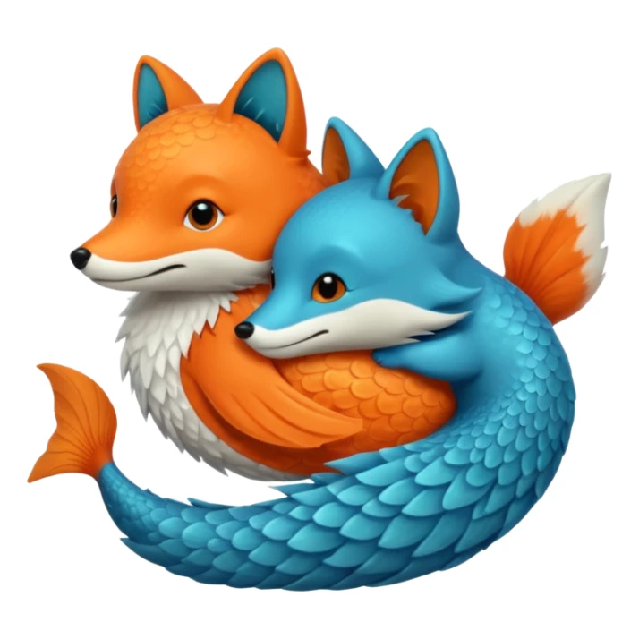 An orange fish and a teal blue fox, that are hugging or cuddling each other sticker