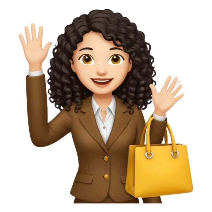 medium deep tan brown business woman with long black curly hair, waving hand with happy face with smile mouth and carrying yellow bag on her shoulder sticker
