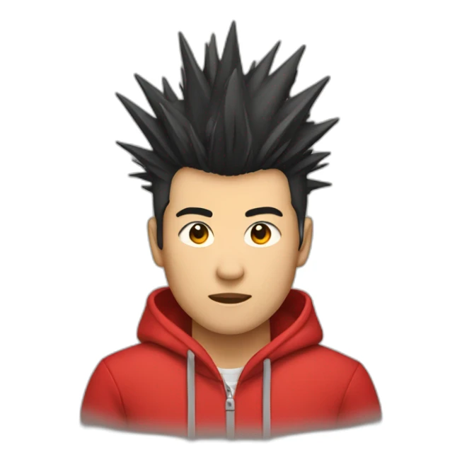 Asian male with spiky mohawk wearing a red hoodie sticker
