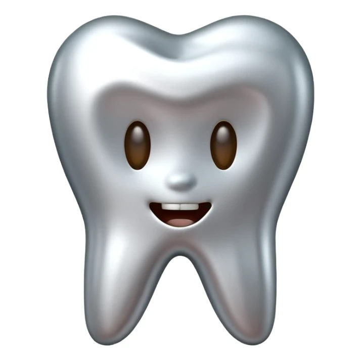 human tooth emoji, smooth chrome ceramic-metal texture, clean medical luxury aesthetic, isolated on white sticker