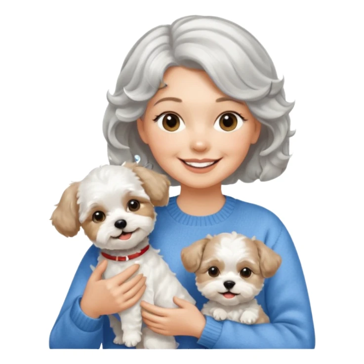 silver, short, wavy-haired with loose curls, smiling pretty lady holding a whit terrier dog and a white and tan shih tzu dog sticker