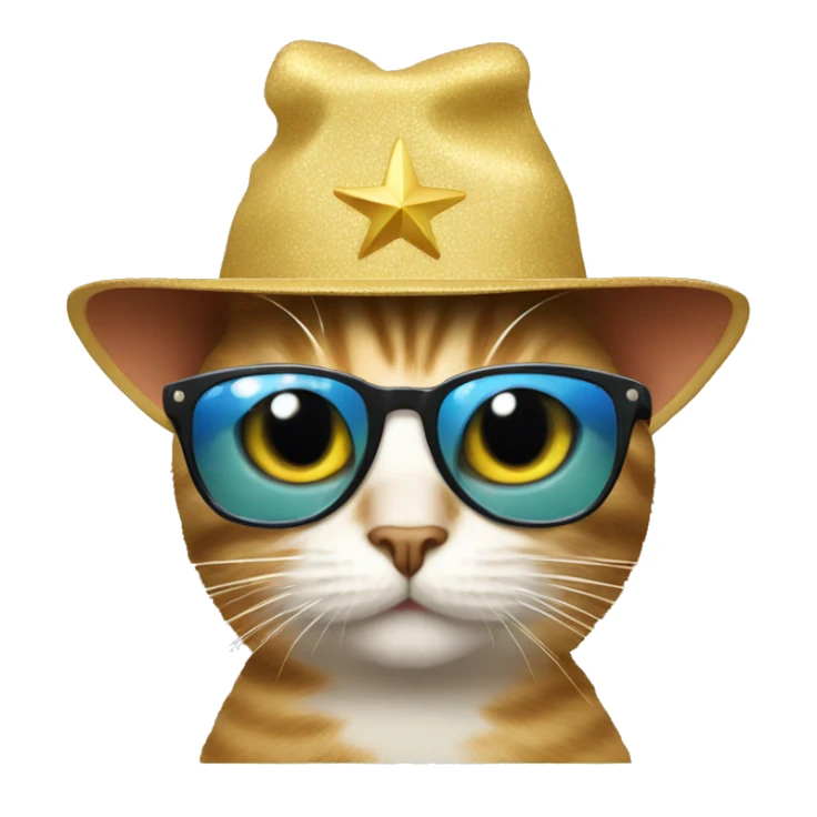 cat wearing sunglasses and a star hat sticker