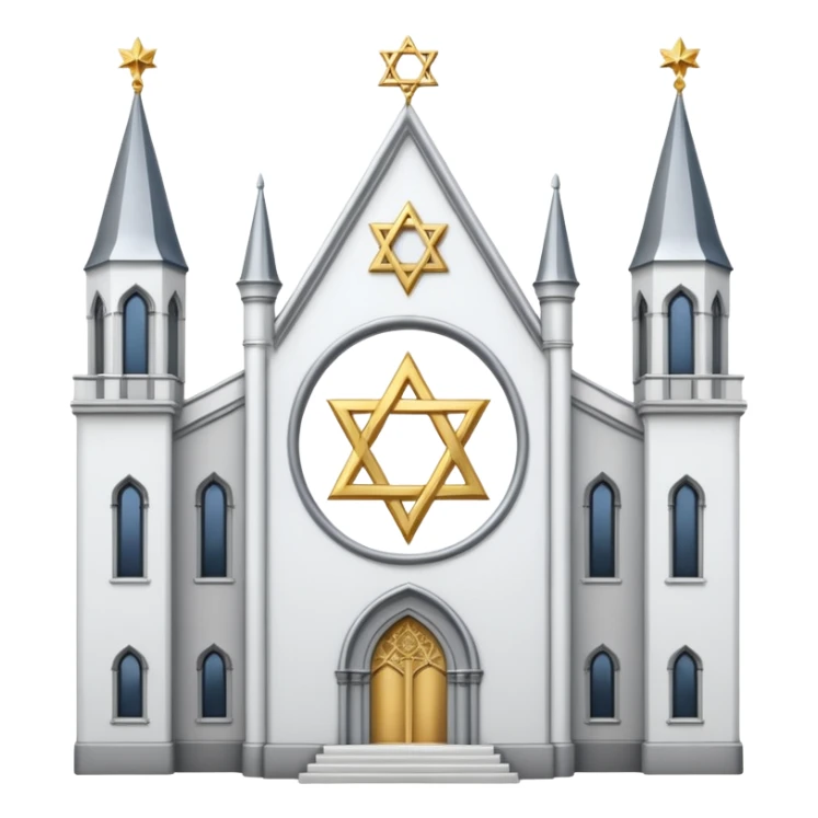 reform jewish synagogue similar in architecture to historical religious architecture in europe. the building should be white with silver/golden features, gothic architectural elements and star of david. no crosses. the emoji should be in ios emoji style. sticker