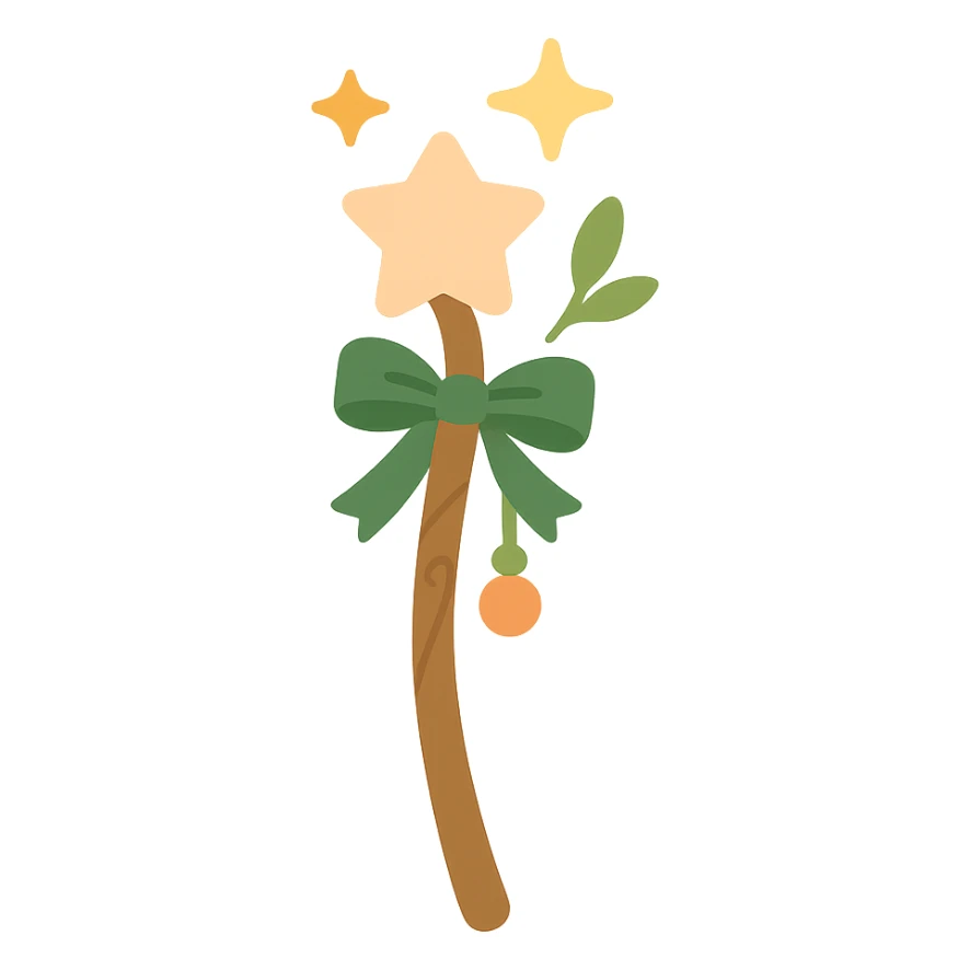 "A cute and magical wand with an elegant, whimsical design, incorporating a color palette of golden orange (FA9B41), forest green (4A7C5C), soft taupe brown (96775A), and pastel peach (FFCC9A). The wand is slender and slightly curved, made of smooth wood with delicate carvings. At the top, there's a glowing gem or star in peachy tones, surrounded by tiny sparkles. Decorative elements like a ribbon, tiny leaves, or a small charm add a cozy, storybook-like charm. The overall look is gentle, enchanting, and magical, perfect for a forest fairy or a kindhearted young wizard." sticker