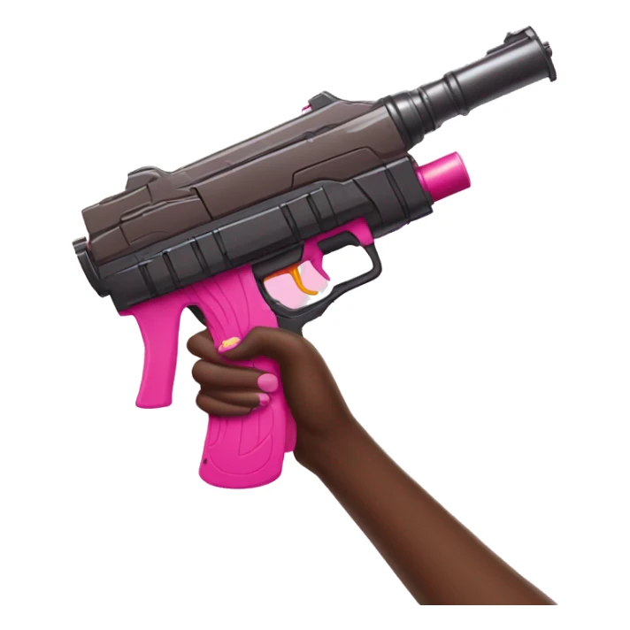 brown hand with pink nails holding large scary dark nerf gun sticker