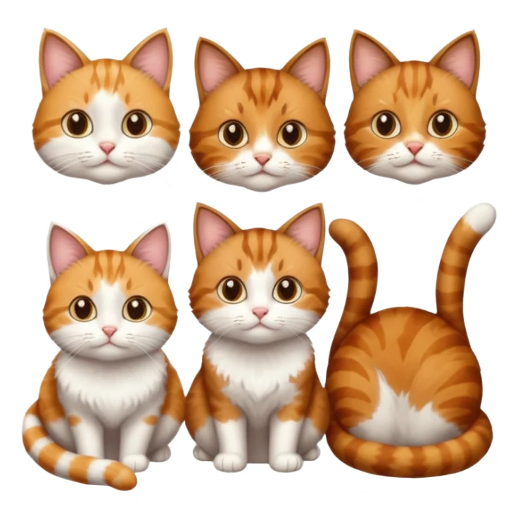 3 cats and each are different natural colours including  brown tabby and white, calico, and ginger and white sticker