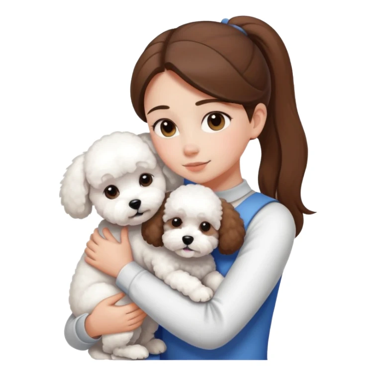 A girl with straight hair in a ponytail，hugging one Bichon frise sticker
