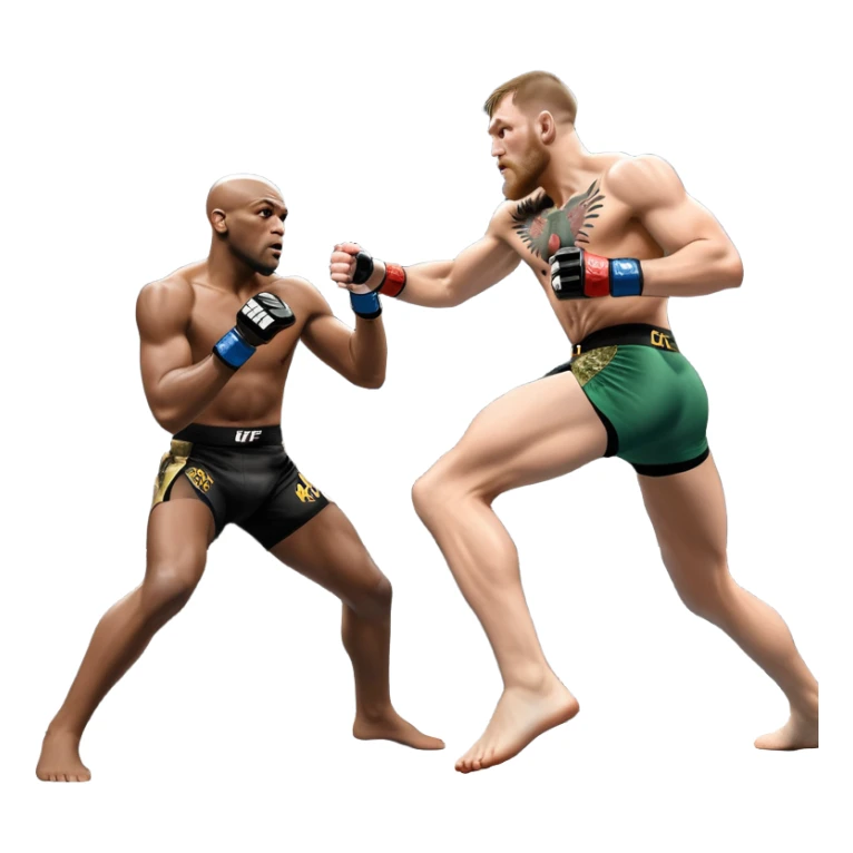 An MMA showdown between Conor McGregor and Anderson Silva in the octagon. McGregor is executing a powerful jumping strike, while Silva is expertly blocking the attack with his forearm. The background features the UFC octagon, fans in the distance, and dynamic action. Transparent background sticker