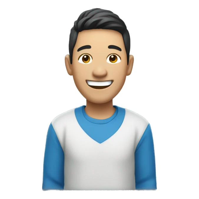 Asian man laughing, blue cloth, big smile,wide shoulder,long sleeve sticker