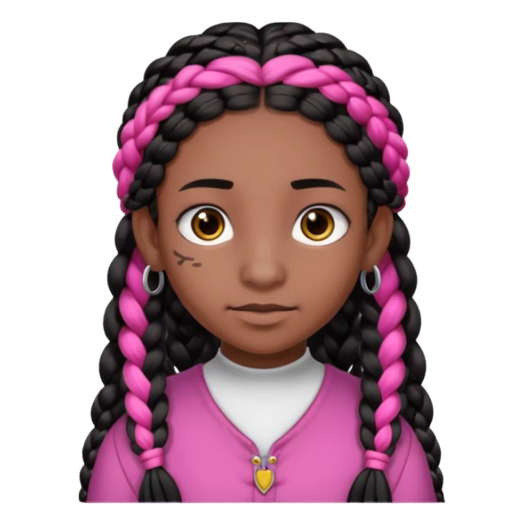 arikan, dark long hair whit pink 
and black braids. brown skin, smal round face and a big nose sticker