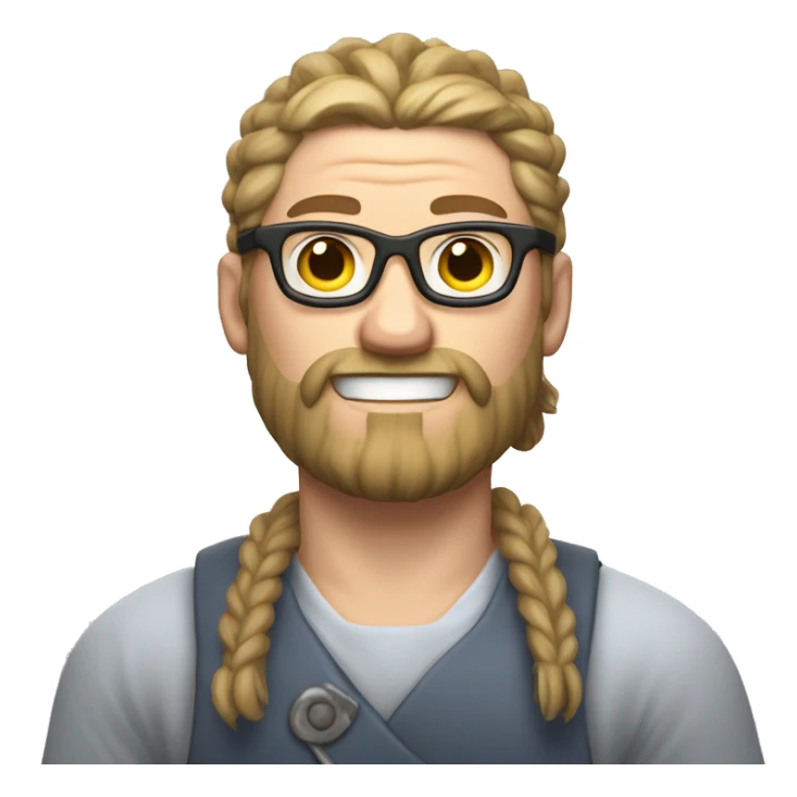A jung guy with glasses, shortly shaved beared and an undercut haircut bind to a pigtail, like a viking, who is eating some ramen. sticker