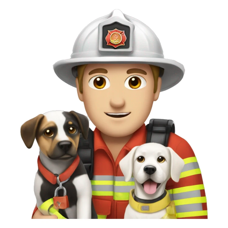 Caucasian Firefighter with a white dog and a black and white dog  sticker