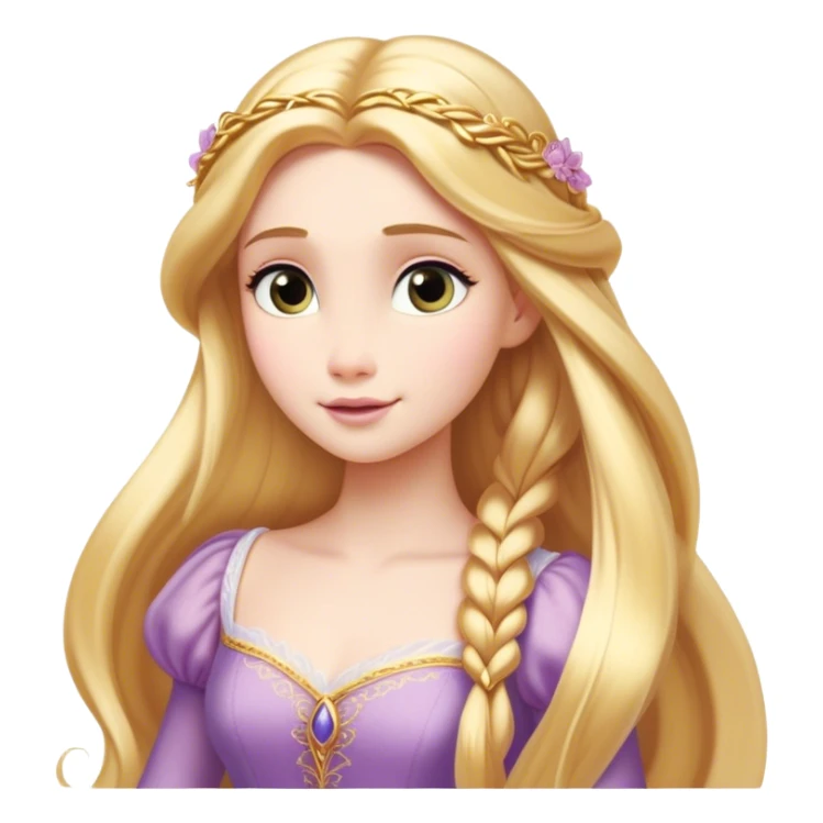 Cinematic Timeless Rapunzel Portrait Emoji, rendered in a clean, vector style. Depict Rapunzel with porcelain skin, beautifully styled long golden hair, and a serene, graceful expression, dressed in her classic gown. The design features bold, clean lines, a soft, magical glow, and a subtle glowing outline that captures her timeless, fairy-tale beauty. sticker