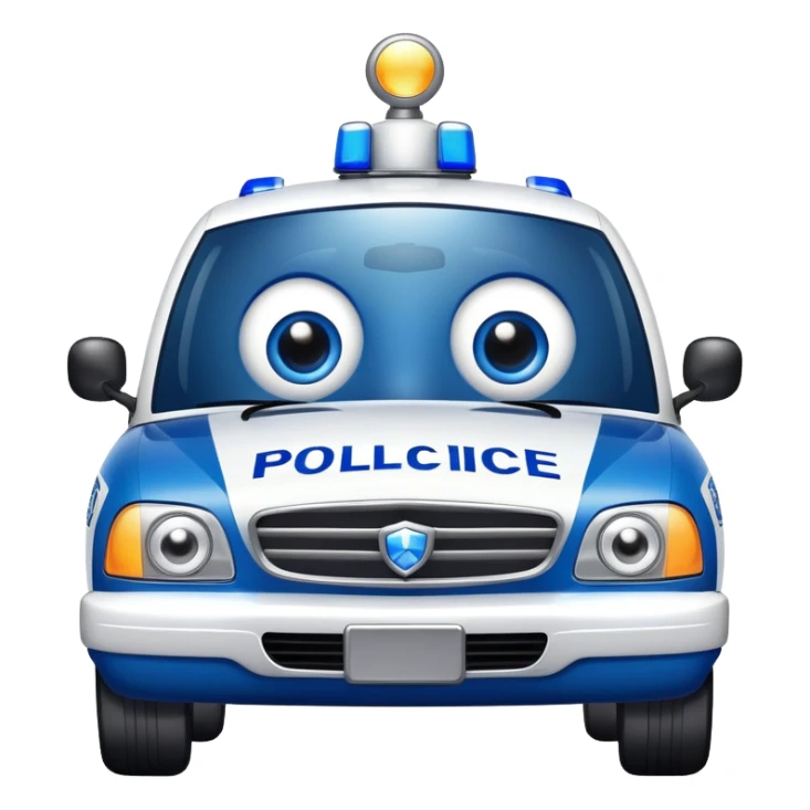 A police patrol car with big eyes and a brave, happy expression sticker