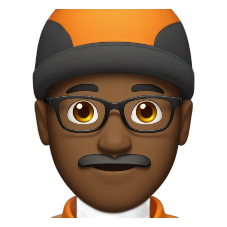 Young black man with a mustache and a goatee wearing glasses and an orange hat  sticker