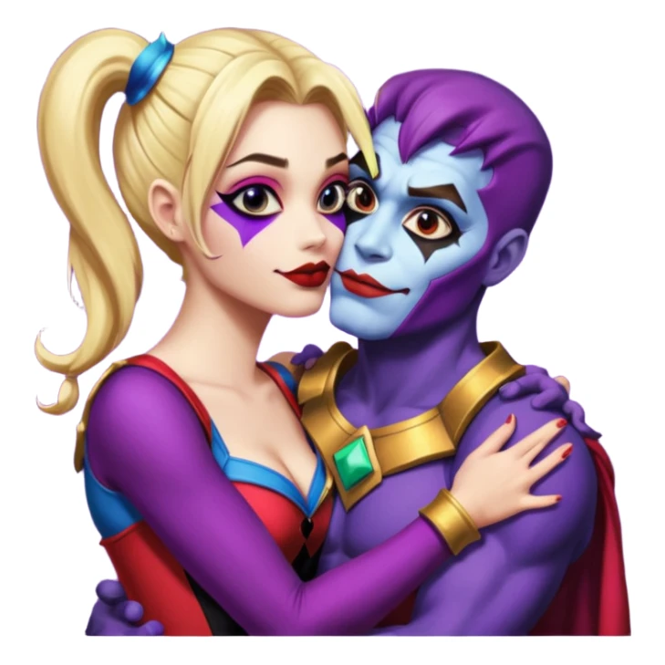 Harley quinn facing thanos, holding him tight while kissing him sticker