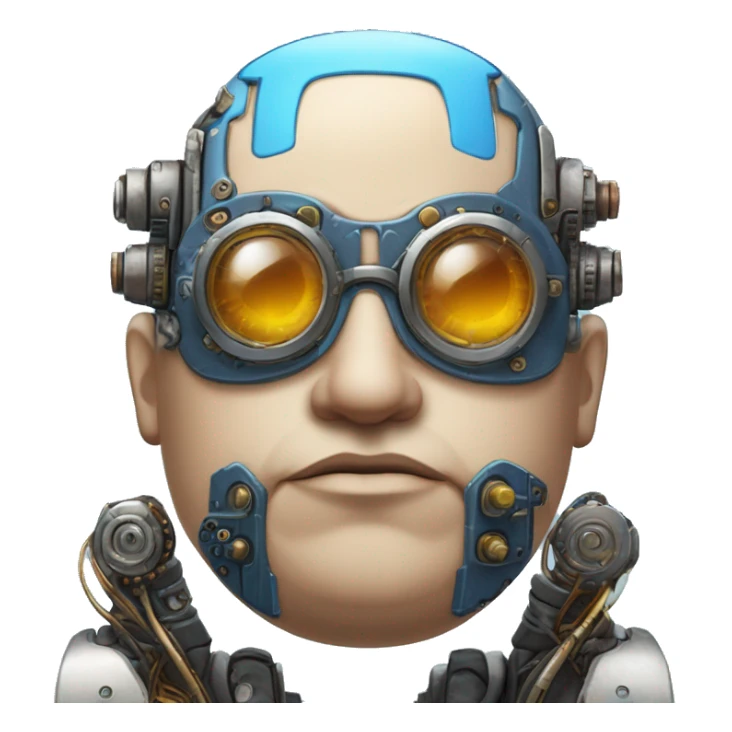 Fat bald cyborg head with tan skin, blue beard, blue steampunk goggles and circuits sticker