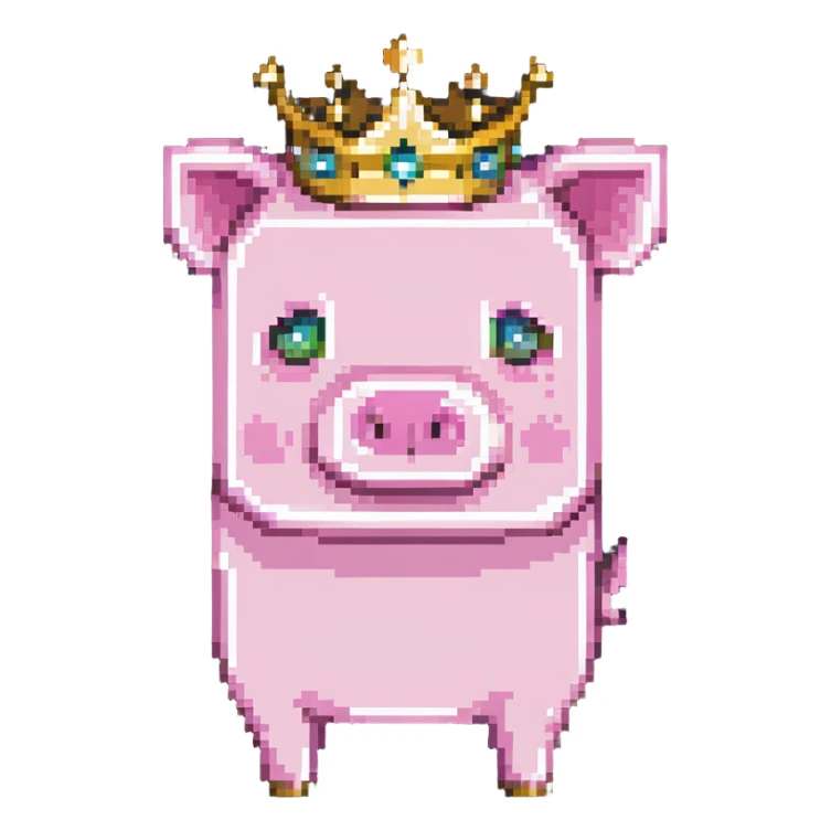 full body pink blocky pig with square head and square body wearing a crown sticker