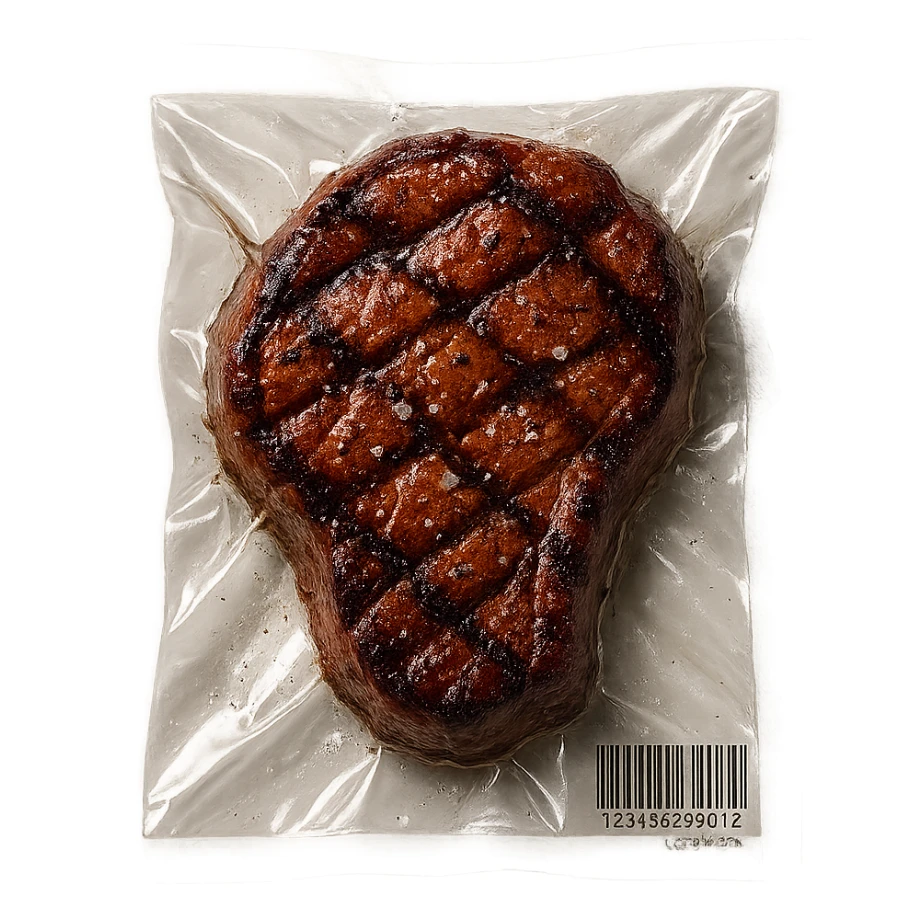 grilled steak with scattered small sparkling crystals, glossy, vacuum-sealed style sticker