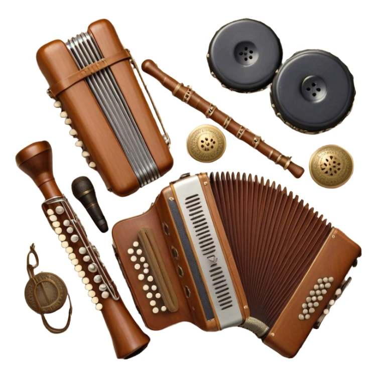 Create a colorful and cultural humanless emoji representing folk singing. The design should feature a collage of traditional folk instruments, such as a wooden flute (dudka), a button accordion (harmon), a set of gusli, and a tambourine (buben), all arranged in a harmonious, flowing design around a vintage microphone. The instruments should have earthy, natural tones like wood browns, brass accents, and vibrant colors reflecting their folk origins. Add subtle musical notes to tie the elements together, symbolizing the power of folk music. The background should be transparent. sticker