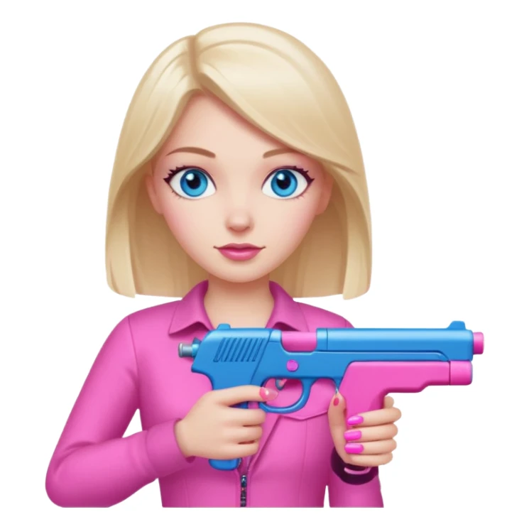 White Girl hand pink nails holding pink gun with blue eyes sticker