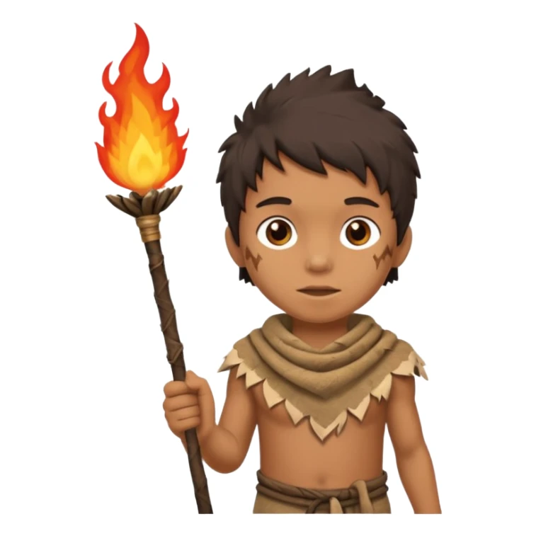 ancient boy, tattered animal skin cloth, hold fire stick sticker