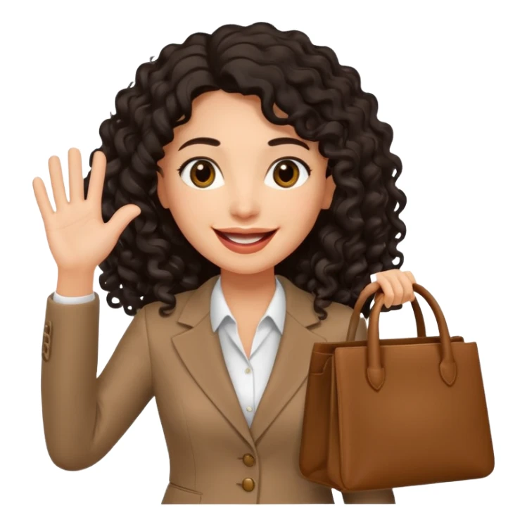 medium deep tan brown business woman with long black curly hair, waving hand with happy face with smile mouth and carrying bag on her shoulder sticker
