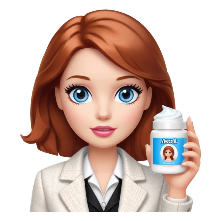 A Barbie girl with blue eyes, shoulder-length reddish-brown hair with makeup, wearing a white tweed jacket and a black skirt, holds a face cream in her hand sticker