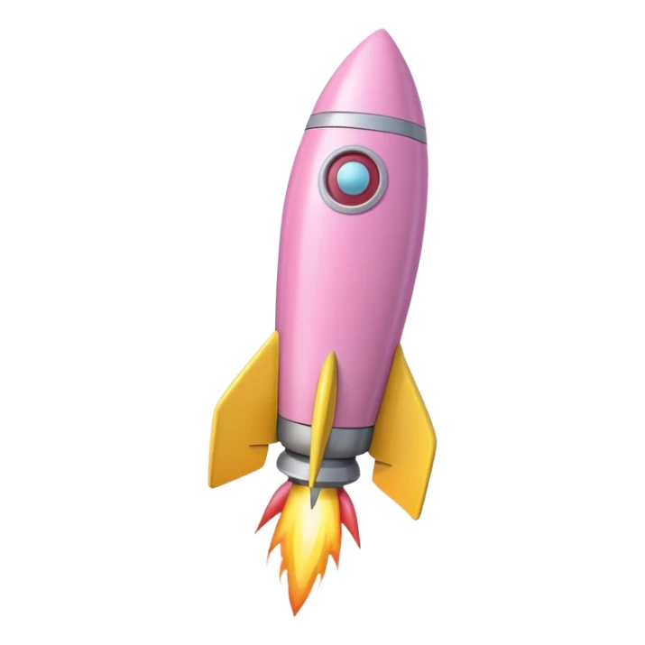 A single rocket, colored in pastel pink and yellow, glossy and smooth, cartoonish, vibrant colors, high detail, simple and cute design, isolated on white background, centered composition sticker