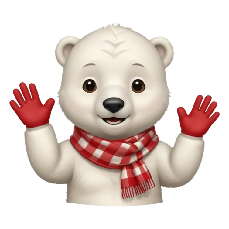 baby Polar Bear, smiling, hi five, wearing red Checkered Triangle scarf sticker