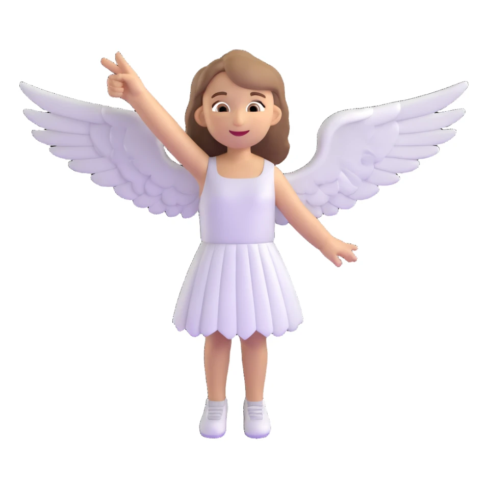 girl with light brown shoulder-length hair and white wings joyfully pointing to the sky sticker