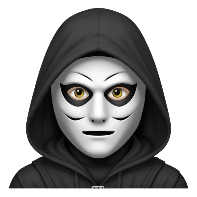 grayscale black mysterious masked hooded man with puzzle logo on hood sticker