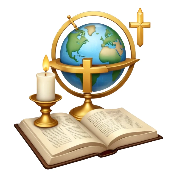 An icon featuring a holy book, a candle, and a cross, symbolizing religious studies. The design includes a globe with various religious symbols: a crescent moon and star (Islam), a lotus flower (Buddhism), representing global belief systems. Transparent background. sticker