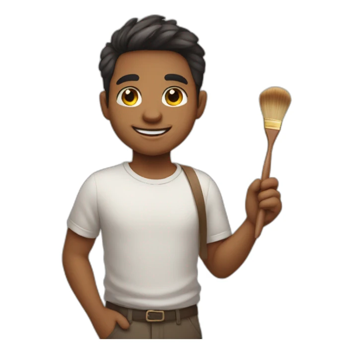 A cute brother with a round face and slightly droopy eyes, smiling with a colored brush in his hand. sticker