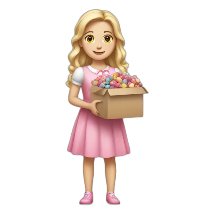 white girl in a pink dress holding a box full of candy. sticker
