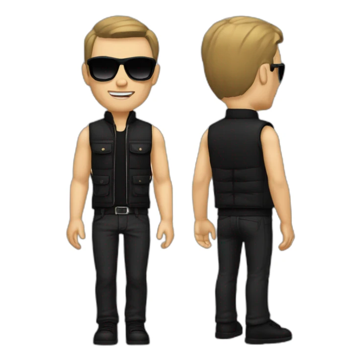 Man a 27 years , white skin , with black  sunglasses , black high neck , brawn vest , black pantaloon, brawn shoes with black watch  sticker