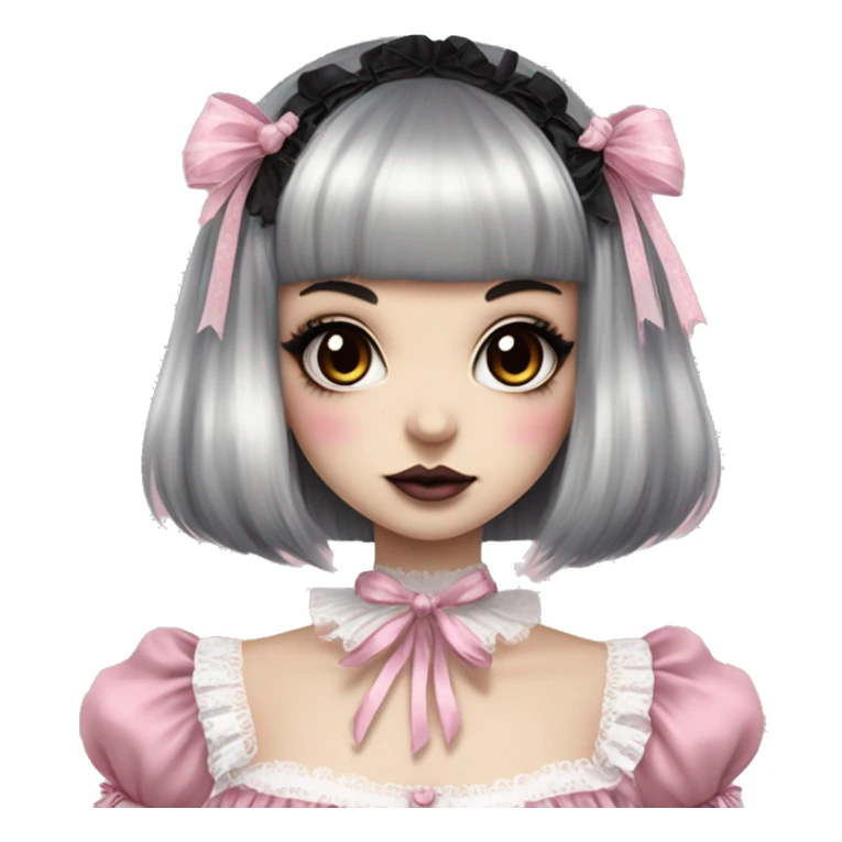 pale woman with short split dyed black and white hair and bangs, pink lips and eyeshadow, long eyelashes, brown eyes, pink Lolita dress with laces and ribbons, gothic Lolita doll look sticker
