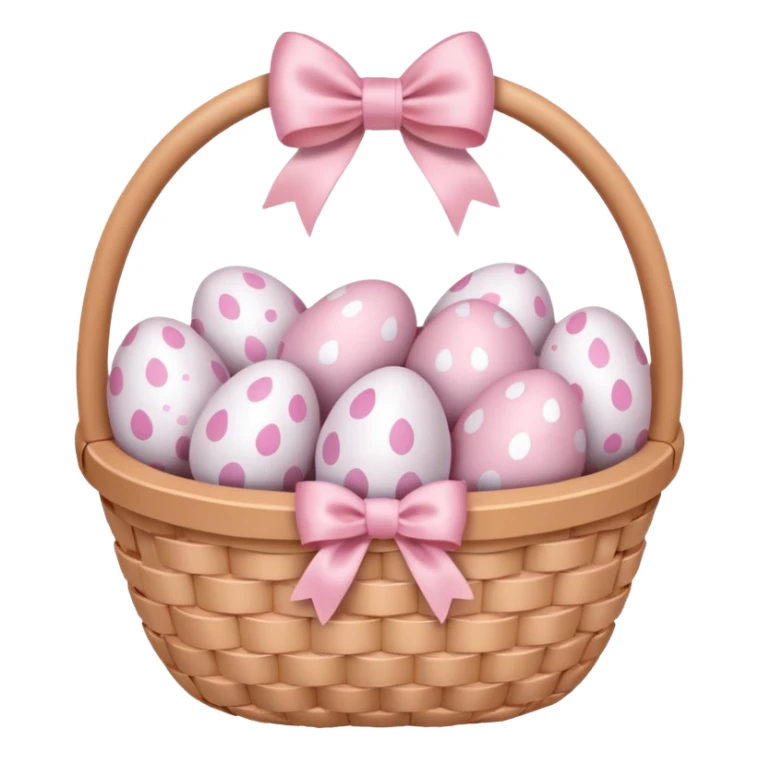 white basket full of light pink easter eggs with a light pink bow sticker