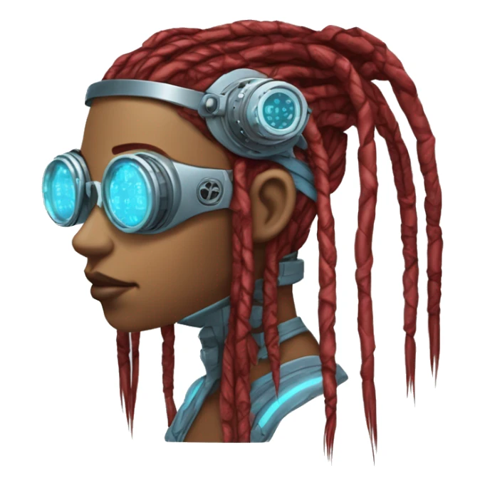 Light blue long dreadlocks female cyborg head with red steampunk goggles and circuits sticker