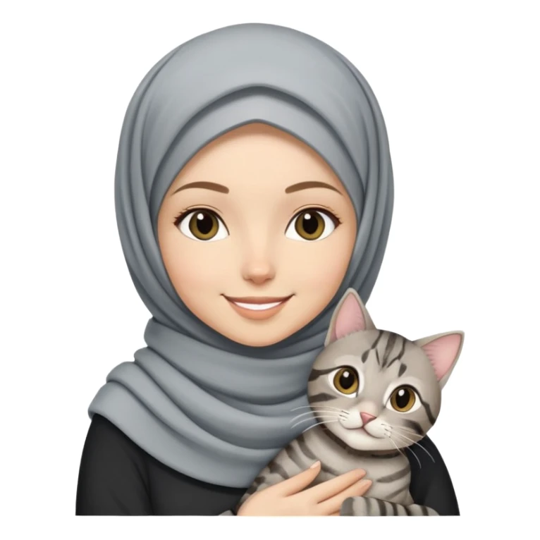 White girl wearing pretty hijab holding a black grey tabby cat while smiling sticker
