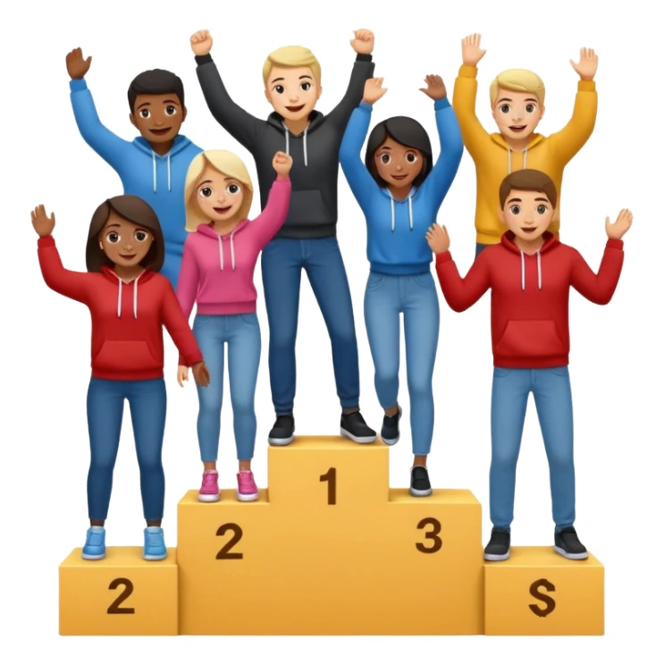 winners’ podium with multi-racial people, middle step higher, no numbers, fun, casual clothes like jeans and hoodies, very excited, fun, expressive emoji style sticker