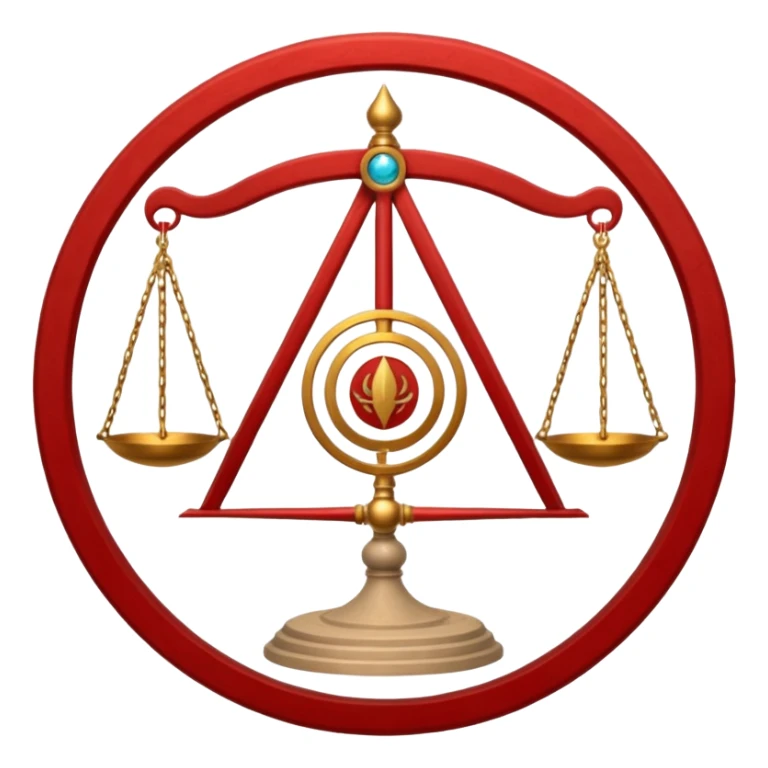 A circular casting sigil inspired by the Wizard101 Balance School, featuring ancient alchemical and arcane motifs. The base color is sand, with red trim accents. At the center is a golden balance scale as the primary focal symbol. sticker