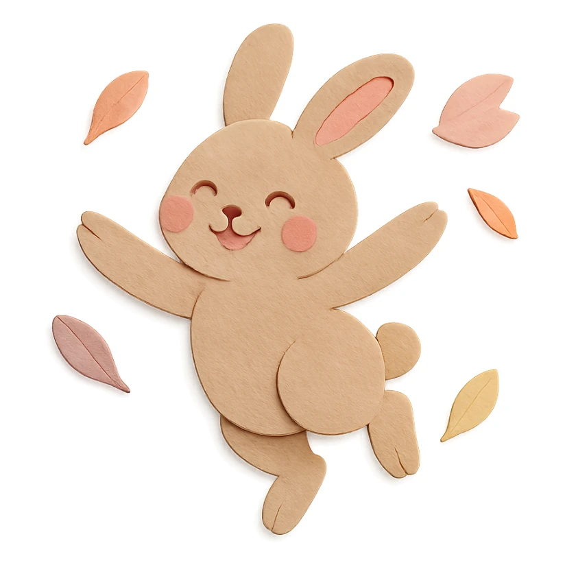 pale brown bunny spinning with flower petals around, paper-craft style sticker