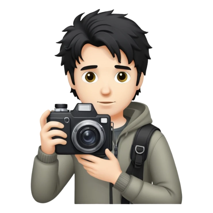 a white man with black messy hair holding a foto camera sticker