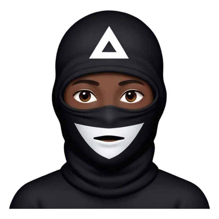Guy with black baclava like face cover with an upside down white triangle face pattern sticker